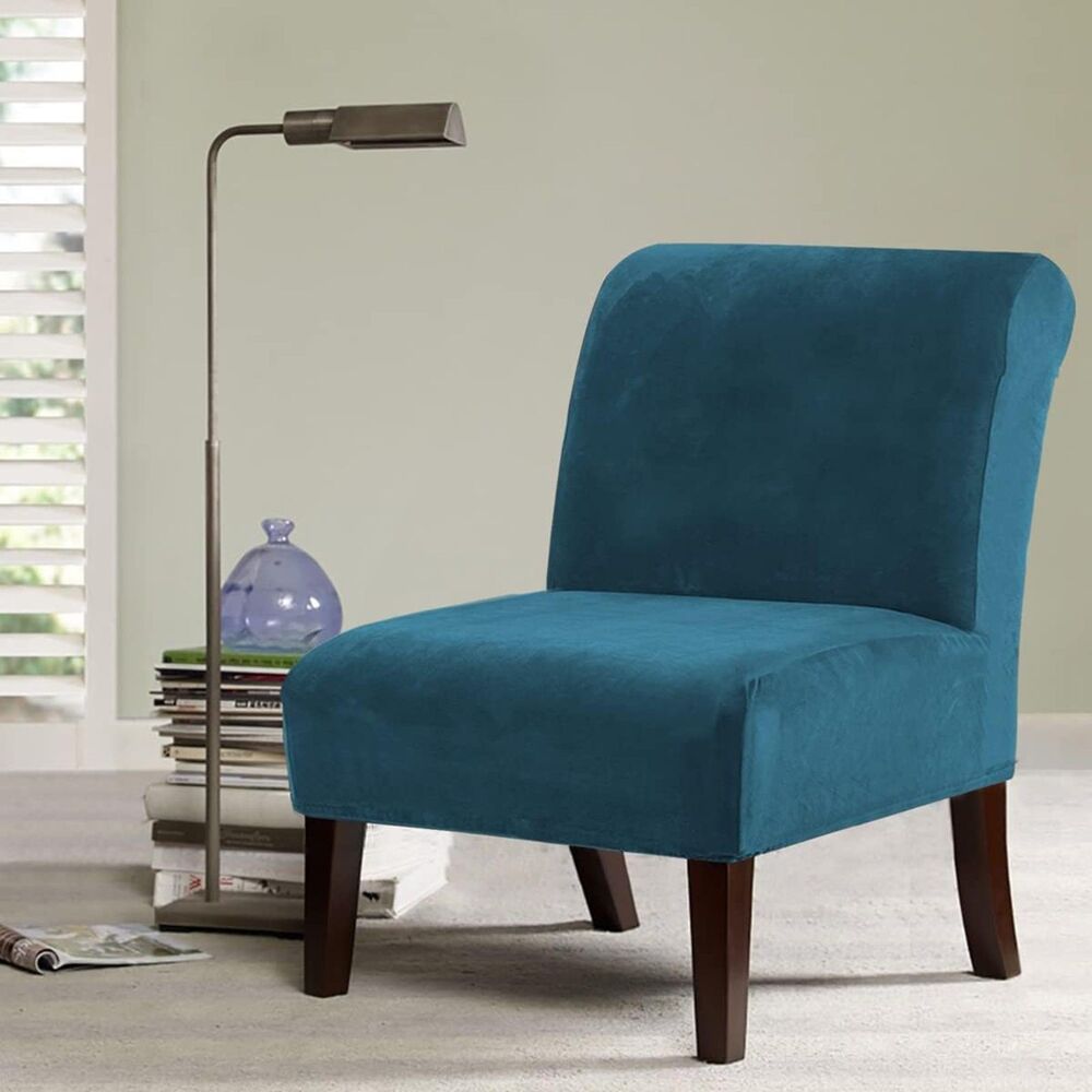 Velvet Armless Accent Chair Slipcover (Peacock Blue)